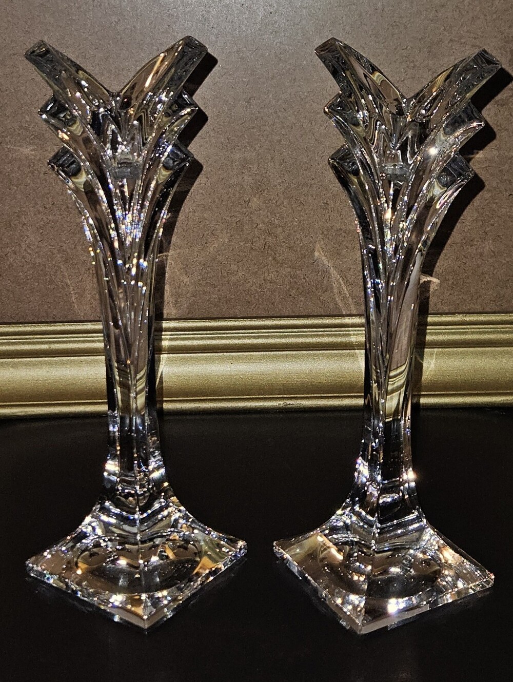 Mikasa Deco Pair of Crystal Taper Candle Holders Candlestick Tulip Style